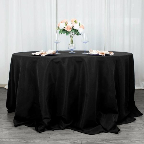 Commercial Grade Cotton & Polyester |  132″ Black Seamless Premium Polyester Round Tablecloth – 220GSM for 6 Foot Table With Floor-Length Drop