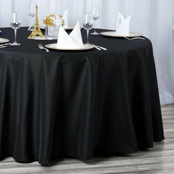 Commercial Grade Cotton & Polyester |  132″ Black Seamless Premium Polyester Round Tablecloth – 220GSM for 6 Foot Table With Floor-Length Drop