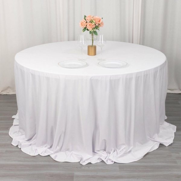 Commercial Grade Cotton & Polyester |  132″ White Premium Scuba Wrinkle Free Round Tablecloth, Seamless Scuba Polyester Tablecloth for 6 Foot Table With Floor-Length Drop