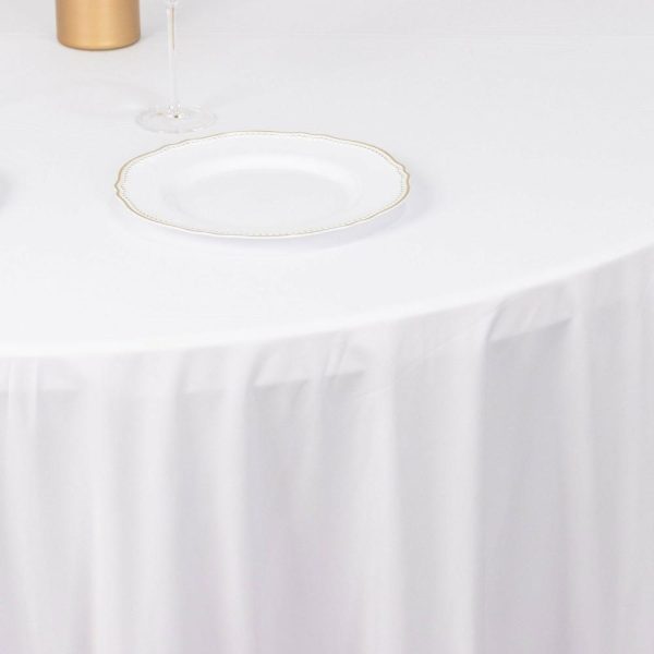 Commercial Grade Cotton & Polyester |  132″ White Premium Scuba Wrinkle Free Round Tablecloth, Seamless Scuba Polyester Tablecloth for 6 Foot Table With Floor-Length Drop