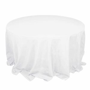 Commercial Grade Cotton & Polyester |  132″ White Seamless Premium Polyester Round Tablecloth – 220GSM for 6 Foot Table With Floor-Length Drop