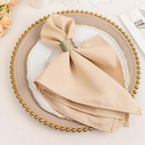 Commercial Grade Napkins |  5 Pack Beige Premium Polyester Cloth Napkins with Hemmed Edges, Reusable Dinner Napkins 20″x20 – 220GSM