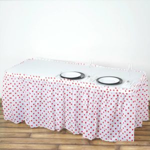 Disposable |  14ft 10 Mil White Red Polka Dots Pleated Plastic Table Skirts, Disposable Table Skirt Spill Proof