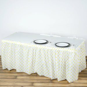 Disposable |  14ft 10 Mil White Yellow Polka Dots Pleated Plastic Table Skirts, Disposable Table Skirt Spill Proof