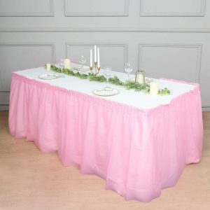 Disposable |  14ft Pink Ruffled Plastic Disposable Table Skirt, Waterproof Spill Proof Outdoor Indoor Table Skirt