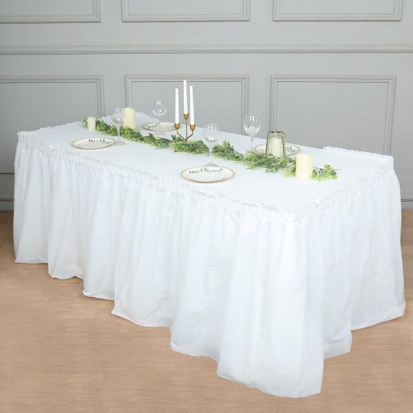 Disposable |  14ft White Ruffled Plastic Disposable Table Skirt, Waterproof Spill Proof Outdoor Indoor Table Skirt