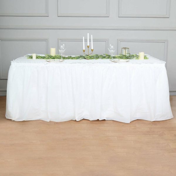 Disposable |  14ft White Ruffled Plastic Disposable Table Skirt, Waterproof Spill Proof Outdoor Indoor Table Skirt