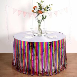 Disposable |  29″x 9ft Rainbow Metallic Tinsel Foil Fringe Table Skirt, Self Adhesive Tinsel Table Skirt