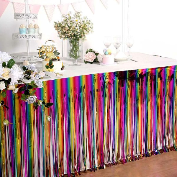 Disposable |  29″x 9ft Rainbow Metallic Tinsel Foil Fringe Table Skirt, Self Adhesive Tinsel Table Skirt