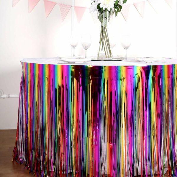 Disposable |  29″x 9ft Rainbow Metallic Tinsel Foil Fringe Table Skirt, Self Adhesive Tinsel Table Skirt