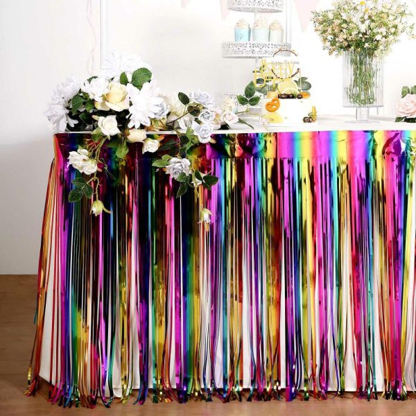 Disposable |  29″x 9ft Rainbow Metallic Tinsel Foil Fringe Table Skirt, Self Adhesive Tinsel Table Skirt