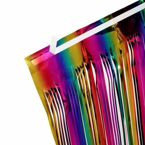 Disposable |  29″x 9ft Rainbow Metallic Tinsel Foil Fringe Table Skirt, Self Adhesive Tinsel Table Skirt