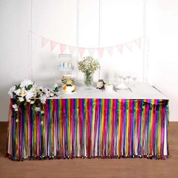 Disposable |  29″x 9ft Rainbow Metallic Tinsel Foil Fringe Table Skirt, Self Adhesive Tinsel Table Skirt