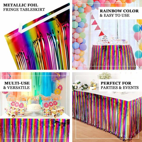 Disposable |  29″x 9ft Rainbow Metallic Tinsel Foil Fringe Table Skirt, Self Adhesive Tinsel Table Skirt