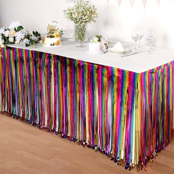 Disposable |  29″x 9ft Rainbow Metallic Tinsel Foil Fringe Table Skirt, Self Adhesive Tinsel Table Skirt