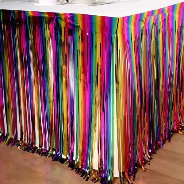 Disposable |  29″x 9ft Rainbow Metallic Tinsel Foil Fringe Table Skirt, Self Adhesive Tinsel Table Skirt