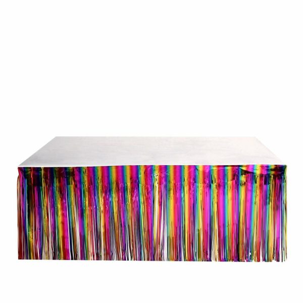 Disposable |  29″x 9ft Rainbow Metallic Tinsel Foil Fringe Table Skirt, Self Adhesive Tinsel Table Skirt