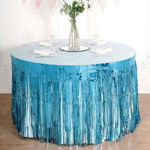 Disposable |  30″x9ft Blue Metallic Foil Fringe Table Skirt, Self Adhesive Tinsel Table Skirt