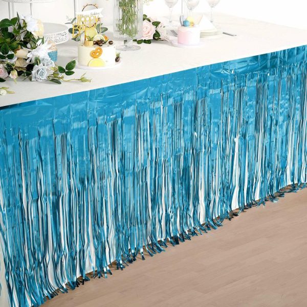 Disposable |  30″x9ft Blue Metallic Foil Fringe Table Skirt, Self Adhesive Tinsel Table Skirt