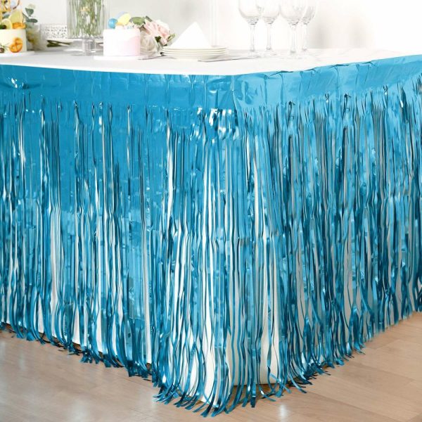 Disposable |  30″x9ft Blue Metallic Foil Fringe Table Skirt, Self Adhesive Tinsel Table Skirt