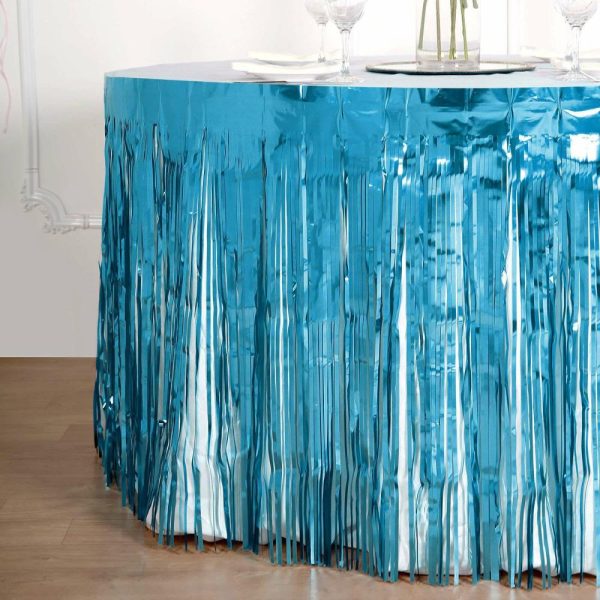 Disposable |  30″x9ft Blue Metallic Foil Fringe Table Skirt, Self Adhesive Tinsel Table Skirt