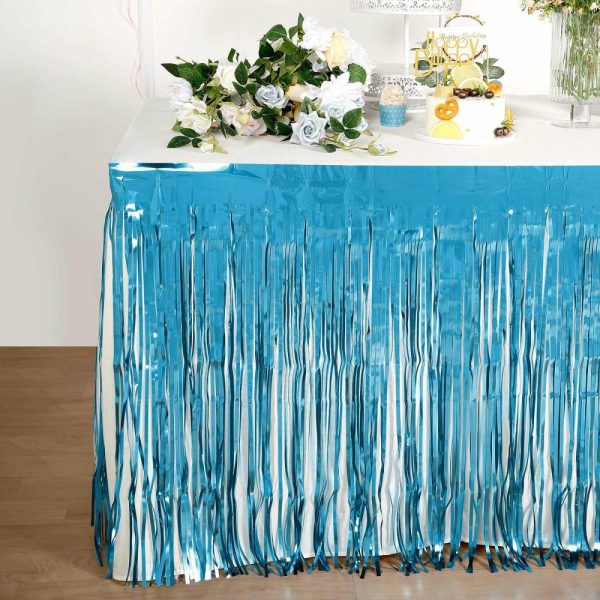 Disposable |  30″x9ft Blue Metallic Foil Fringe Table Skirt, Self Adhesive Tinsel Table Skirt