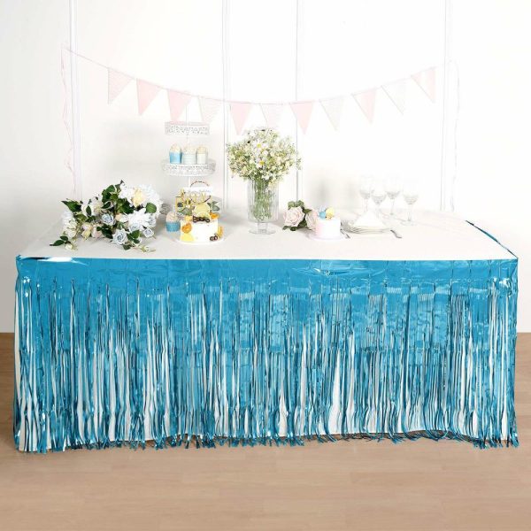 Disposable |  30″x9ft Blue Metallic Foil Fringe Table Skirt, Self Adhesive Tinsel Table Skirt