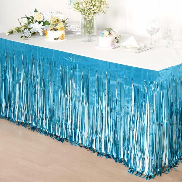 Disposable |  30″x9ft Blue Metallic Foil Fringe Table Skirt, Self Adhesive Tinsel Table Skirt