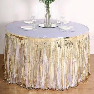 Disposable |  30″x9ft Champagne Metallic Foil Fringe Table Skirt, Self Adhesive Tinsel Table Skirt