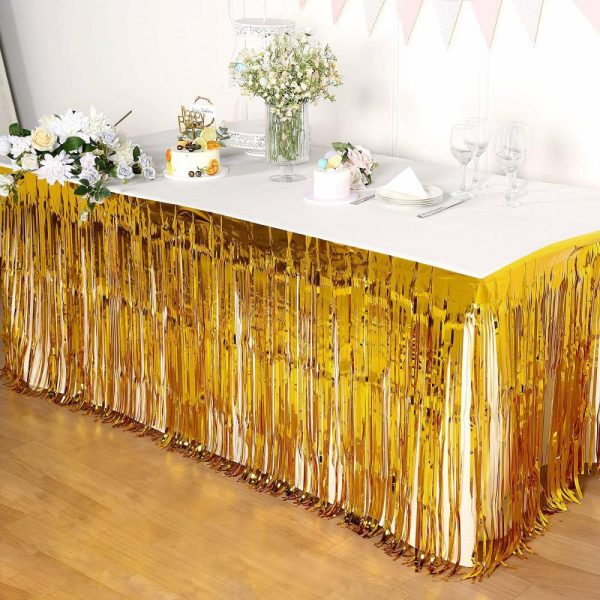 Disposable |  30″x9ft Gold Metallic Foil Fringe Table Skirt, Self Adhesive Tinsel Table Skirt