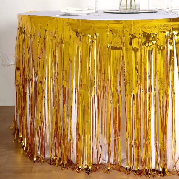 Disposable |  30″x9ft Gold Metallic Foil Fringe Table Skirt, Self Adhesive Tinsel Table Skirt