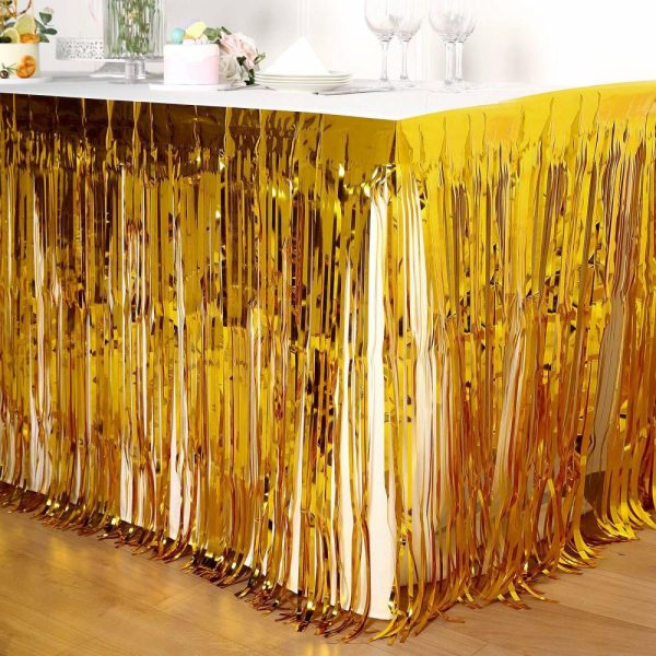 Disposable |  30″x9ft Gold Metallic Foil Fringe Table Skirt, Self Adhesive Tinsel Table Skirt