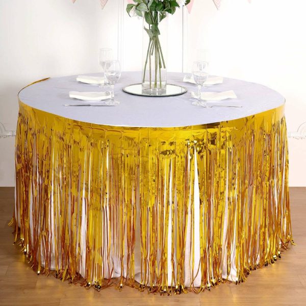 Disposable |  30″x9ft Gold Metallic Foil Fringe Table Skirt, Self Adhesive Tinsel Table Skirt