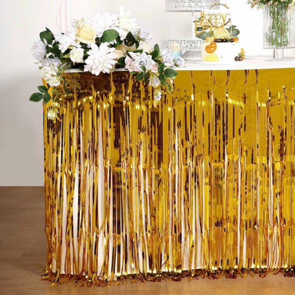 Disposable |  30″x9ft Gold Metallic Foil Fringe Table Skirt, Self Adhesive Tinsel Table Skirt