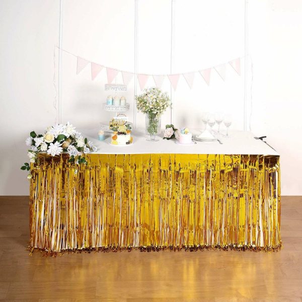 Disposable |  30″x9ft Gold Metallic Foil Fringe Table Skirt, Self Adhesive Tinsel Table Skirt