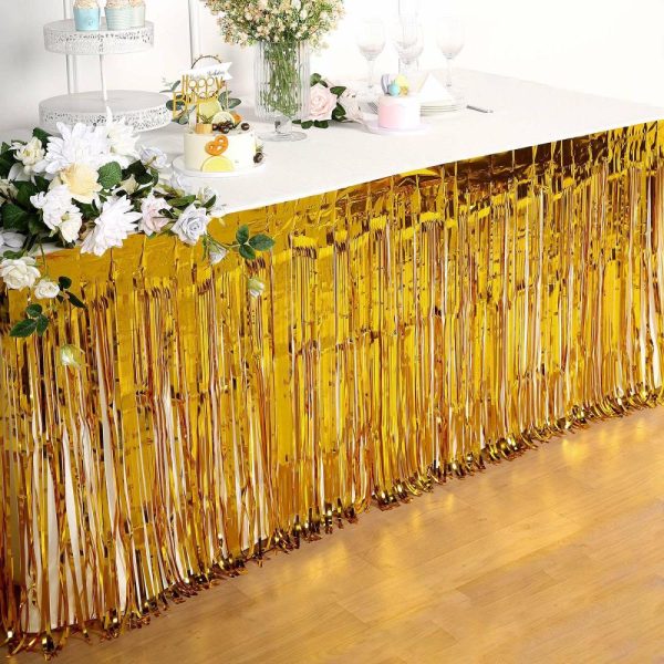 Disposable |  30″x9ft Gold Metallic Foil Fringe Table Skirt, Self Adhesive Tinsel Table Skirt