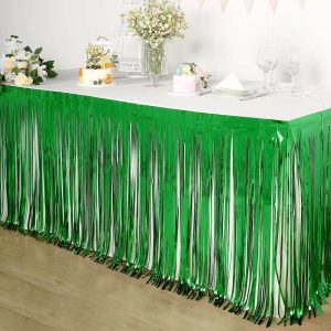 Disposable |  30″x9ft Green Metallic Foil Fringe Table Skirt, Self Adhesive Tinsel Table Skirt