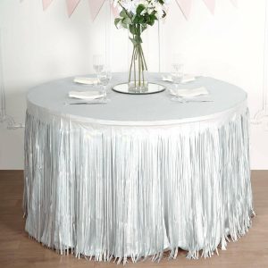 Disposable |  30″x9ft Iridescent Lavender Lilac Metallic Foil Fringe Table Skirt, Self Adhesive Tinsel Table Skirt