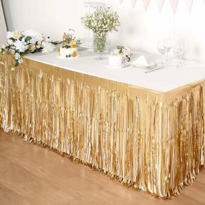 Disposable |  30″x9ft Matte Gold Metallic Foil Fringe Table Skirt, Self Adhesive Tinsel Table Skirt