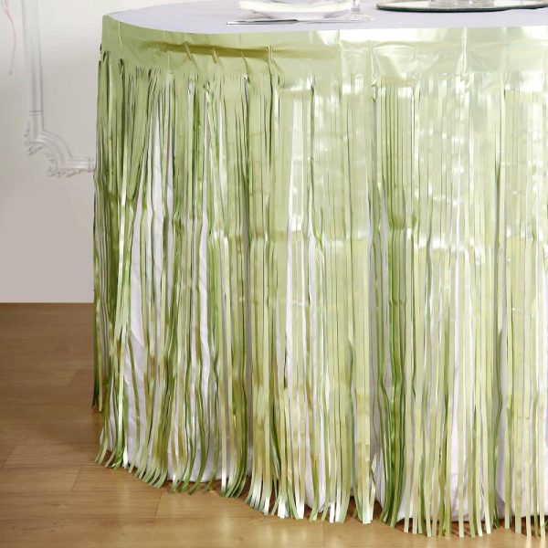 Disposable |  30″x9ft Matte Sage Green Metallic Foil Fringe Table Skirt, Self Adhesive Tinsel Table Skirt