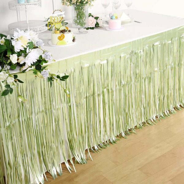 Disposable |  30″x9ft Matte Sage Green Metallic Foil Fringe Table Skirt, Self Adhesive Tinsel Table Skirt