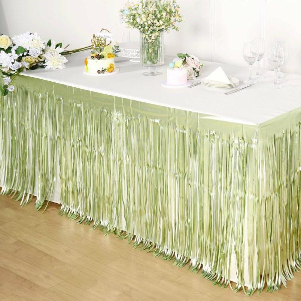 Disposable |  30″x9ft Matte Sage Green Metallic Foil Fringe Table Skirt, Self Adhesive Tinsel Table Skirt