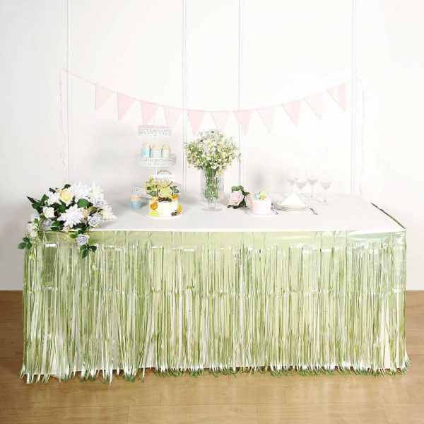 Disposable |  30″x9ft Matte Sage Green Metallic Foil Fringe Table Skirt, Self Adhesive Tinsel Table Skirt