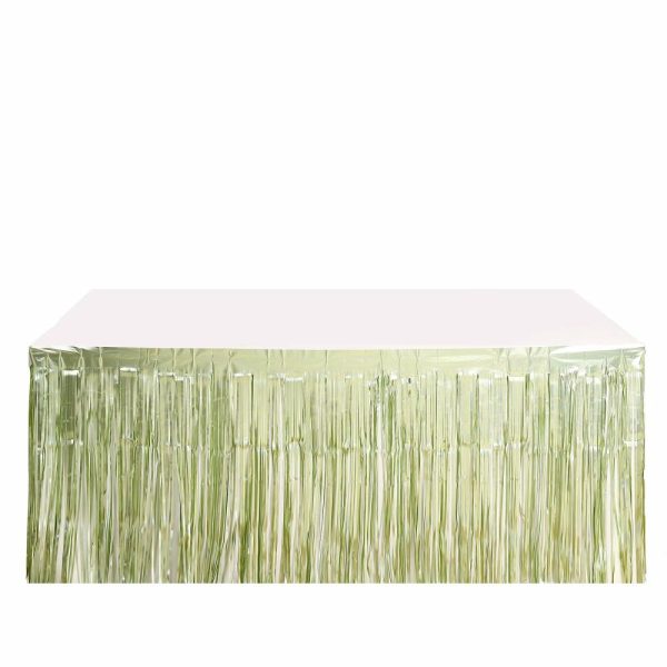 Disposable |  30″x9ft Matte Sage Green Metallic Foil Fringe Table Skirt, Self Adhesive Tinsel Table Skirt