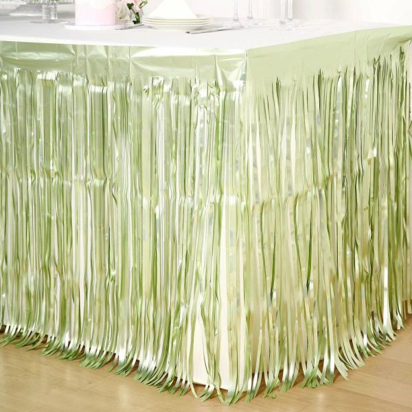 Disposable |  30″x9ft Matte Sage Green Metallic Foil Fringe Table Skirt, Self Adhesive Tinsel Table Skirt