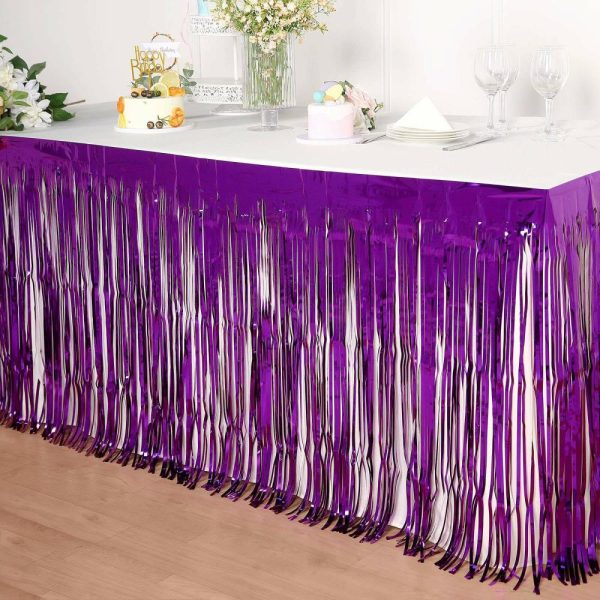 Disposable |  30″x9ft Purple Metallic Foil Fringe Table Skirt, Self Adhesive Tinsel Table Skirt