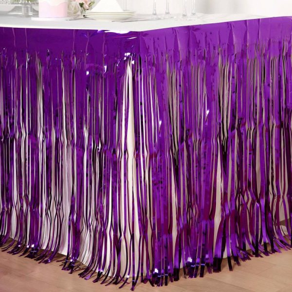 Disposable |  30″x9ft Purple Metallic Foil Fringe Table Skirt, Self Adhesive Tinsel Table Skirt