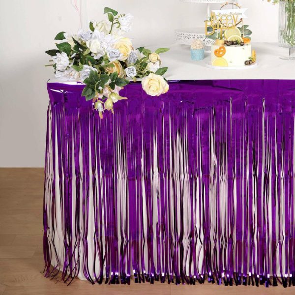 Disposable |  30″x9ft Purple Metallic Foil Fringe Table Skirt, Self Adhesive Tinsel Table Skirt