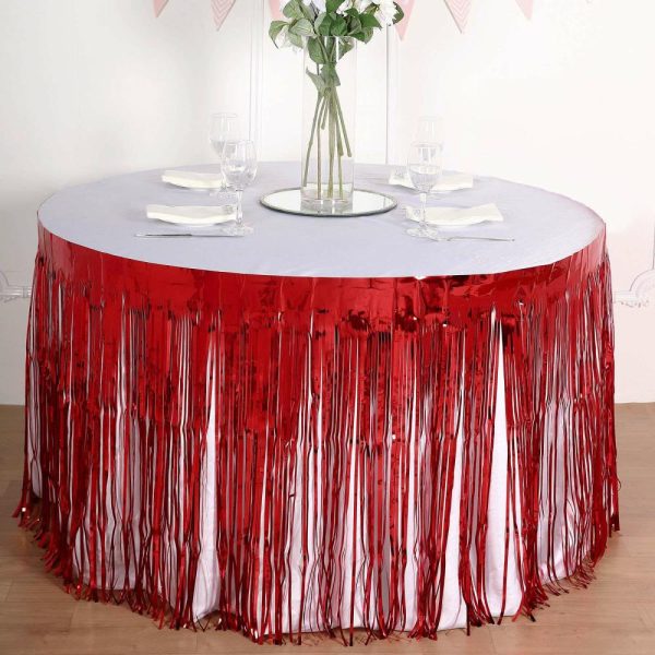 Disposable |  30″x9ft Red Metallic Foil Fringe Table Skirt, Self Adhesive Tinsel Table Skirt