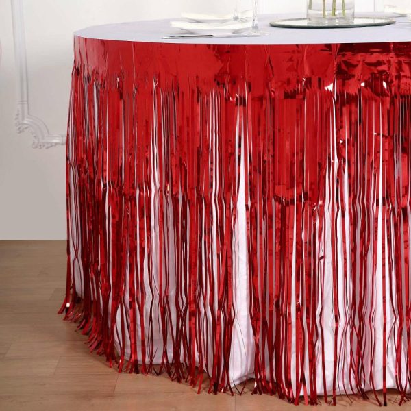 Disposable |  30″x9ft Red Metallic Foil Fringe Table Skirt, Self Adhesive Tinsel Table Skirt